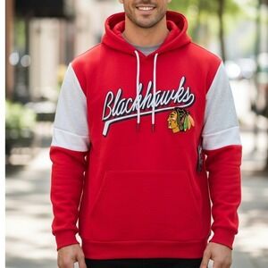 NHL Chicago Blackhawks Mens Red Colorblock Pullover Hoodie Sweatshirt‎ New